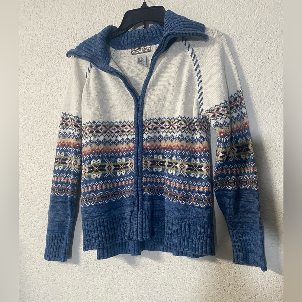 Cozy Zip-Front Fair Isle Cardigan Sweater - Blue & Cream